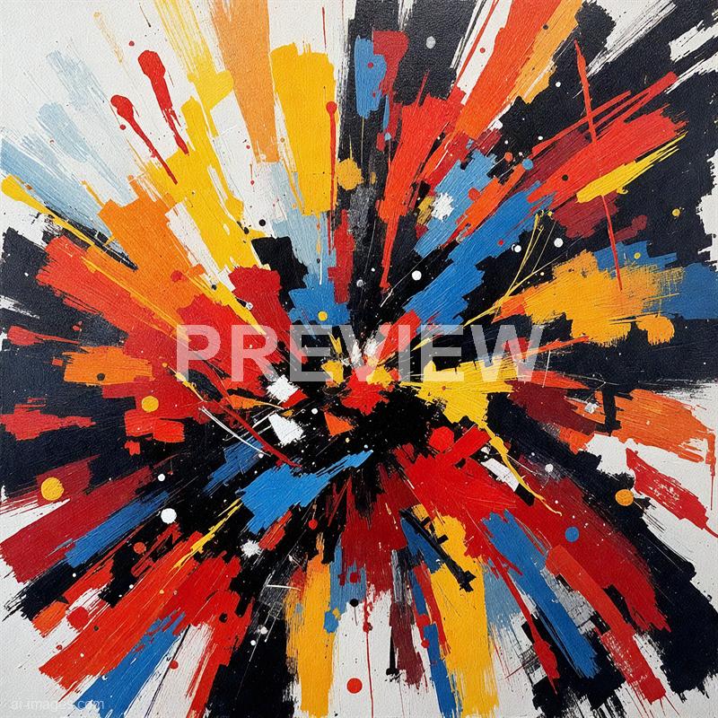 The image features an abstract painting characterized by dynamic, bold strokes of color radiating outward from a central point. The palette includes vibrant reds, yellows, blues, oranges, and black, with splatters and drips adding texture and energy to the composition against a white background. The overall effect is explosive and chaotic, emphasizing movement and intensity.